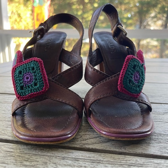 Prada Authentic Crochet Accent Brown & Purple Leather Heels Womens Size 37 - Picture 5 of 11